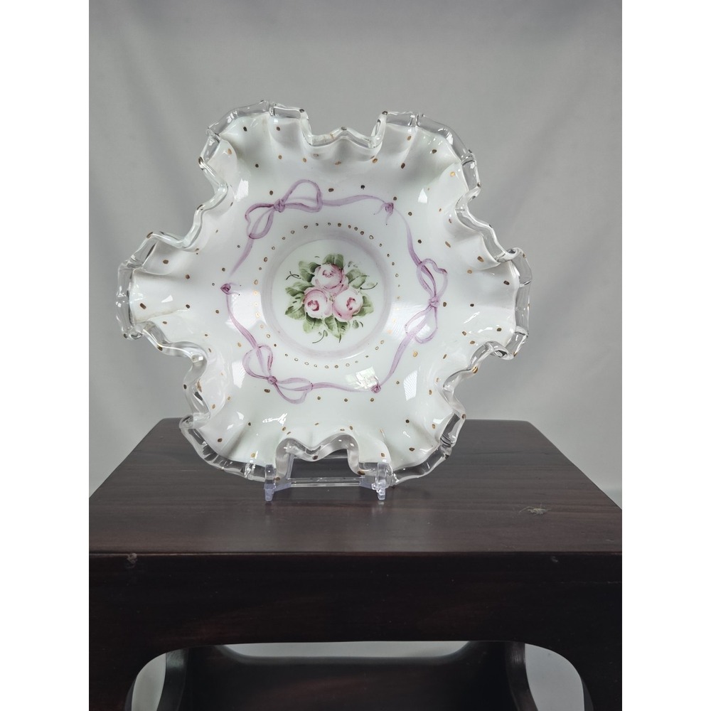 Fenton Glass Charelton Glass Hand Painted Ruffled Dish Bowl Roses